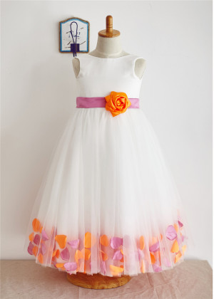 Ivory Satin Tulle Petals Knee Length Flower Girl Dress 
